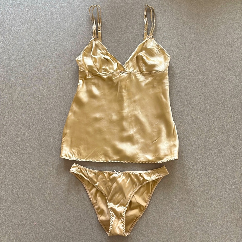 NEW Intimissimi 2 Piece Silk Set Camisole Top Panty Bikini Small S Gold Y2K